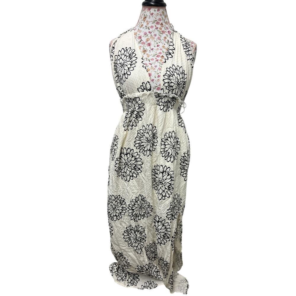 🤍 En Creme Floral Maxi Dress Large Boho Cottagecore Halter Lightweight Draped - Picture 1 of 4